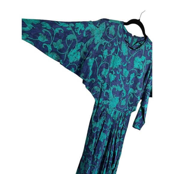 Vintage 80s does 40s Blue Green Silk Dress Draped Skirt Batwing Sleeve Size 0 XS - Picture 2 of 4